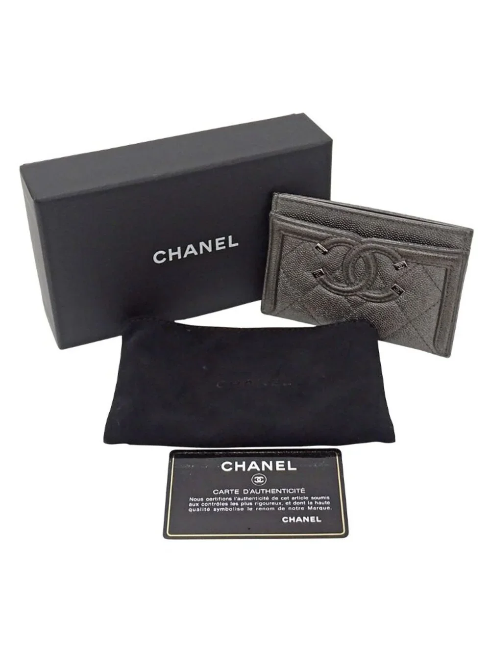 Chanel Card Case Quilted CC Filigree Caviar Leather Gray Silver Metallic